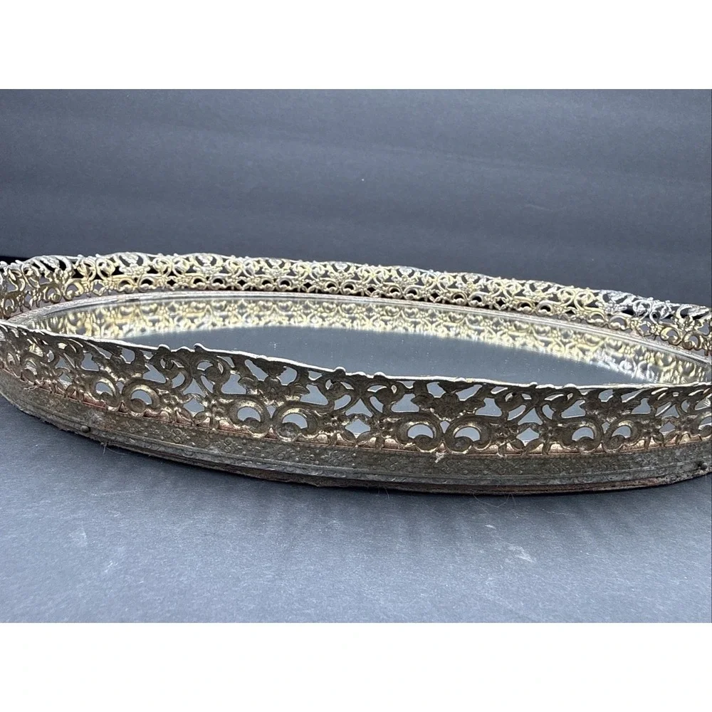 Vintage Oval Filigree Gilt Mirror Dressing Table Vanity Tray 13x9